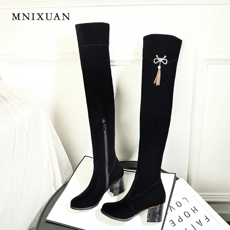 

MNIXUAN women shoes over the knee thigh high boots 2018 winter new round toe velvet high heels pearls fringe black long boots