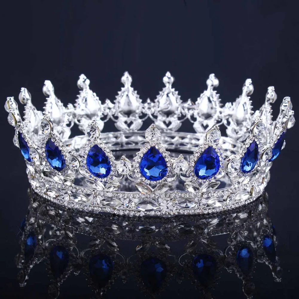 Huge European Royal Crown Silver Color Blue Rhinestone Tiara Super