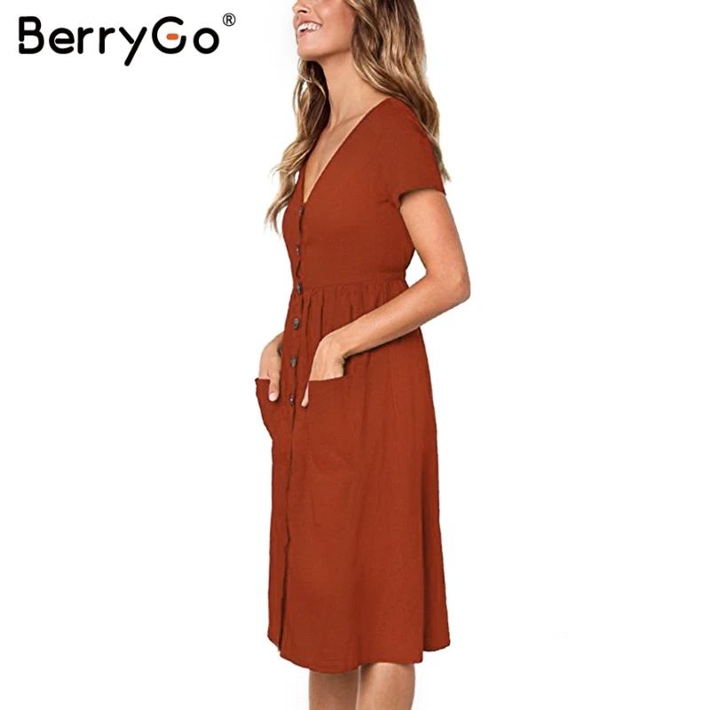 BerryGo однотонное женское платье на элегантных кнопках платья карманы летнее v