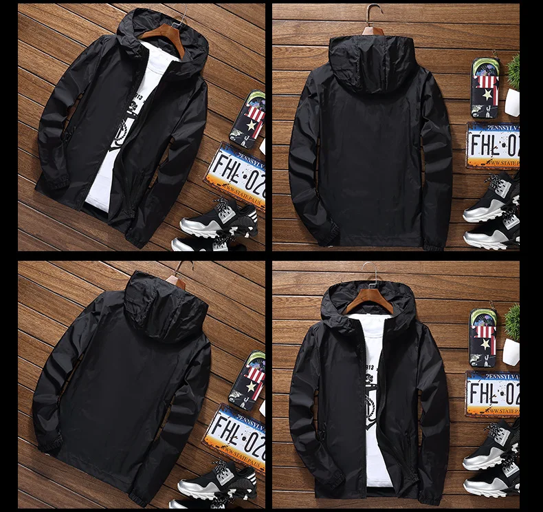 2020 Light-Weight Men's Summer Hooded Jacket Thin Windbreaker Packable Sunscreen Waterproof Beach Casual Zipper Coat Solid Color