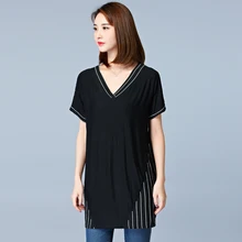 2017 summer new plus size 5XL t-shirt women short sleeve v-Neck striped patchwork long tee shirt femme casual women t shirt tops