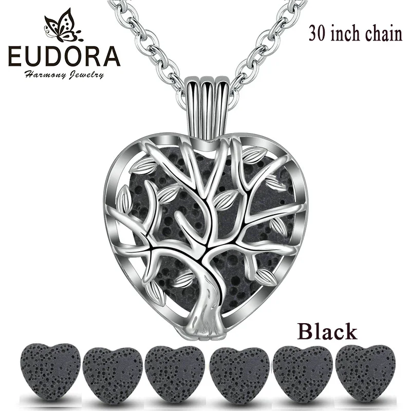 Black-gray Eudora 20 мм Ожерелье Лава Кулон Сердце вулканический камень Древо жизни клетка кулон ожерелье для DIY Эфирное масло духи KFC10N20 - Окраска металла: Black-gray