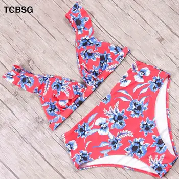 

TCBSG 2019 New Sexy Halter High Waist Bikinis Women Swimwear Print Swimsuit Female Beach Wear Bikini Set Bathing Suit Biquini