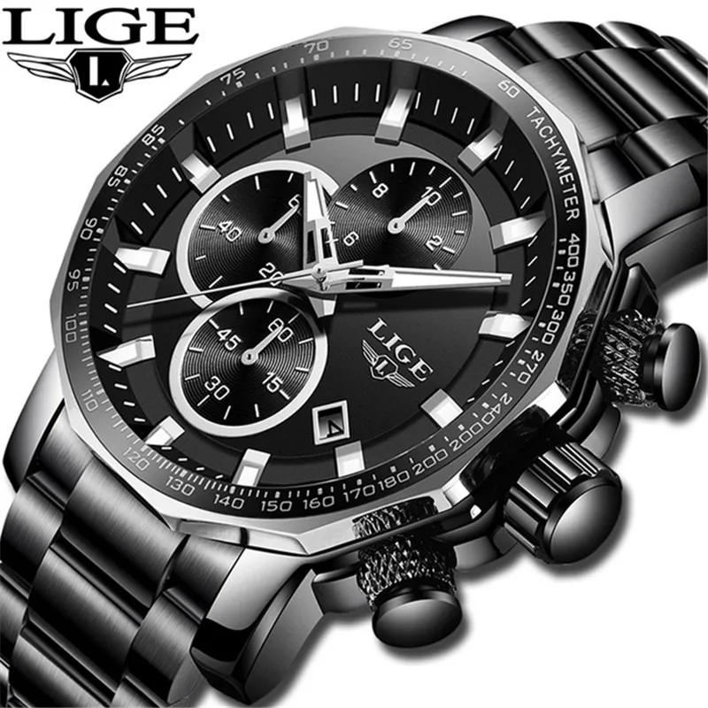 

Relogio Masculin LIGE New Mens Watches Top Brand Luxury Full Steel Sport Chronograph Quartz Clock Waterproof Big Dial Watch Men