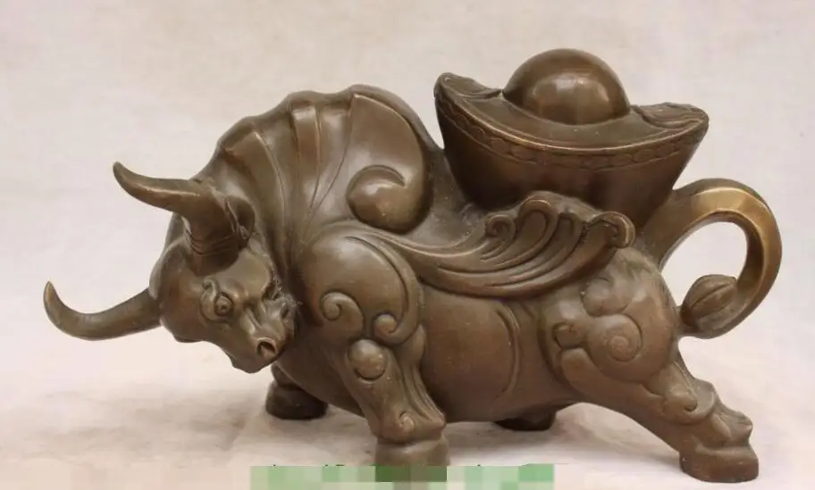 

S02085 16" Chinese Bronze Wealth YuanBao Stronger Bull Unicorn OX Oxen Animal Statue B0403