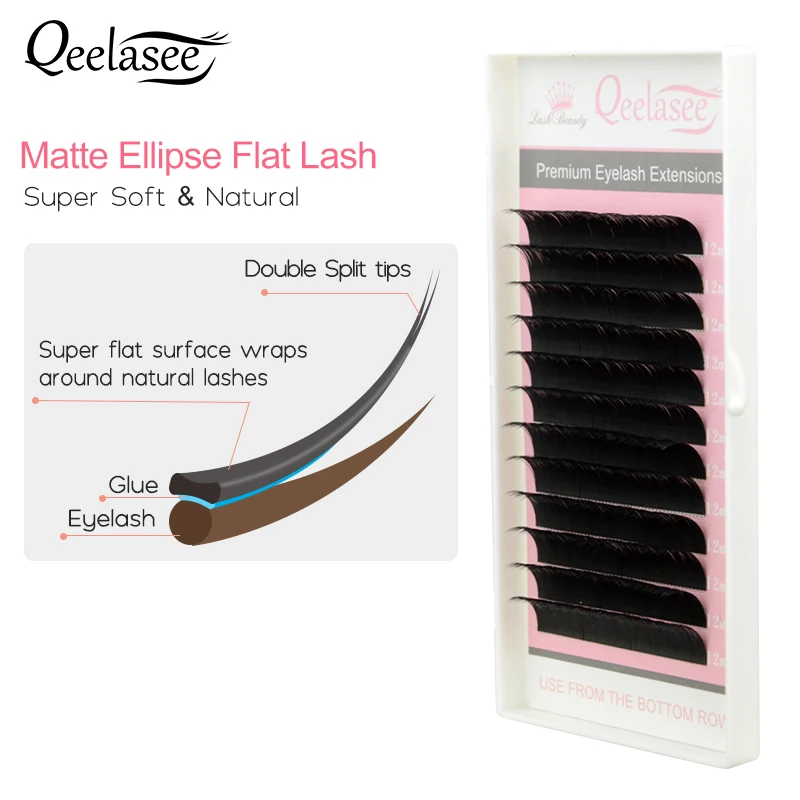 

Qeelasee 10 trays matte flat lashes split tips individual mink ellipse shaped natural lighter and softer false eyelashes