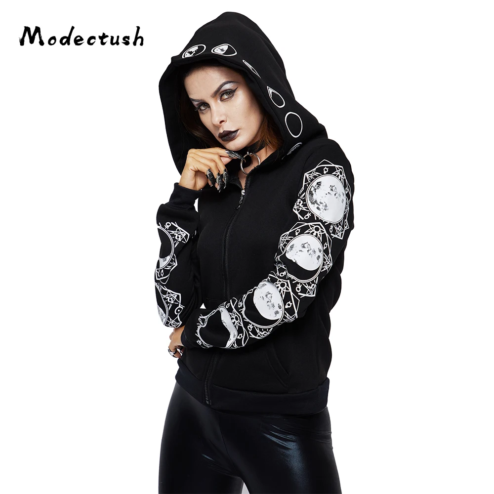 

Modecrush Women Black Gothic Plus Size S-5XL Printed Hoodie 2019 Cool Ladies Long Sleeve Printed Hoody Hood with Full Zip