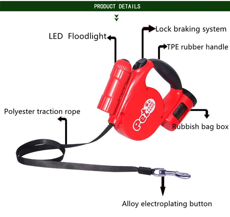Выдвижной Поводок для собак Flexi, поводок для собак с автоматическим удлинением, поводок для собак с светодиодный лампой для освещения, сумка для мусора