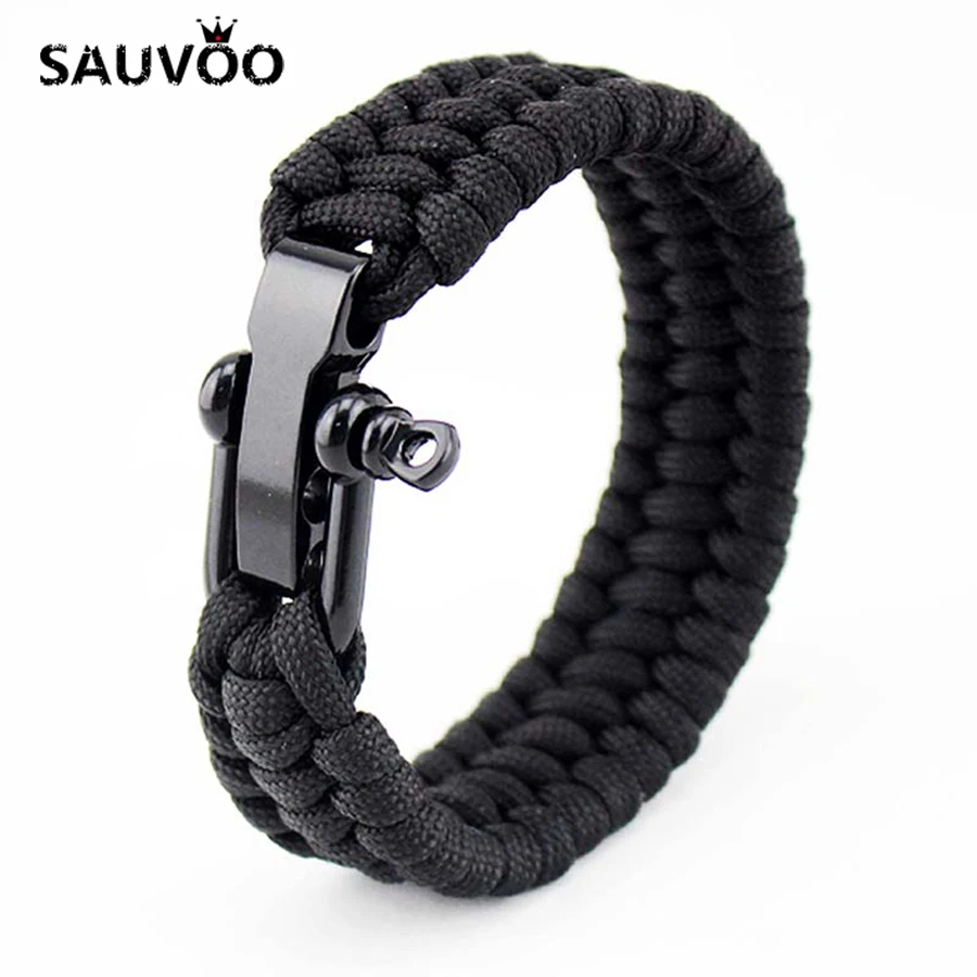 

Sauvoo Punk Braided Paracord Survival Bracelets Black Stainless Steel Charms Bangles Men Wrap Male Bracelet Pulseira Masculina