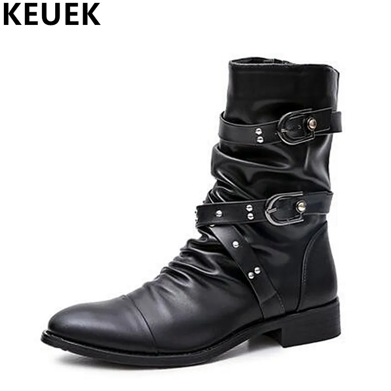 

Pointed Toe British style Men Mid-Calf boots Genuine leather Warm Winter boots Male Rivet Motorcycle boots 03