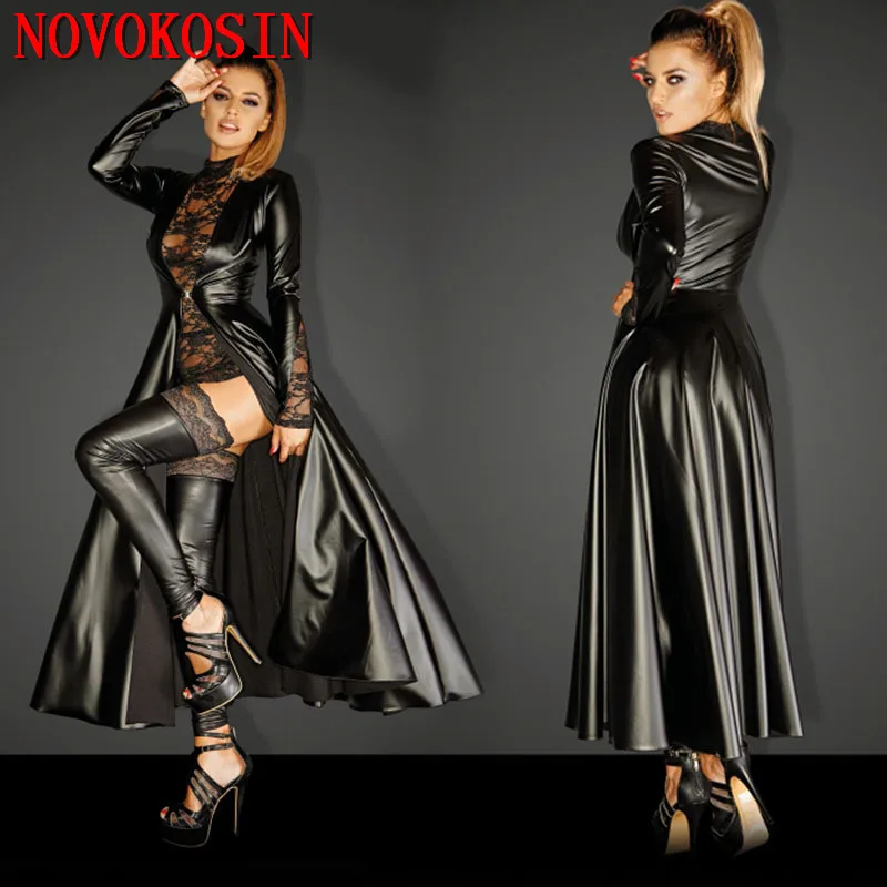 

XB34 2019 S-3XL Steampunk Dance Costume Punk Gothic Dress Black Wetlook Cloak Faux Leather Lace Women Sexy Long Sleeve Clubwear