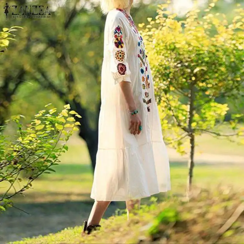 Богемное платье, летний женский сарафан, ZANZEA, рукав 3/4, v-образный вырез, платье миди, цветочный рисунок, женское пляжное платье размера плюс