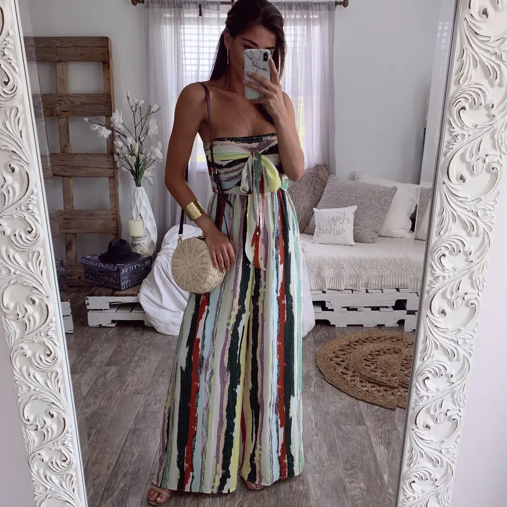 

Kimuise front bow sexy strapless women jumpsuits 2019 backless overalls femme rompers female bodysuits print wide leg jummpsuit