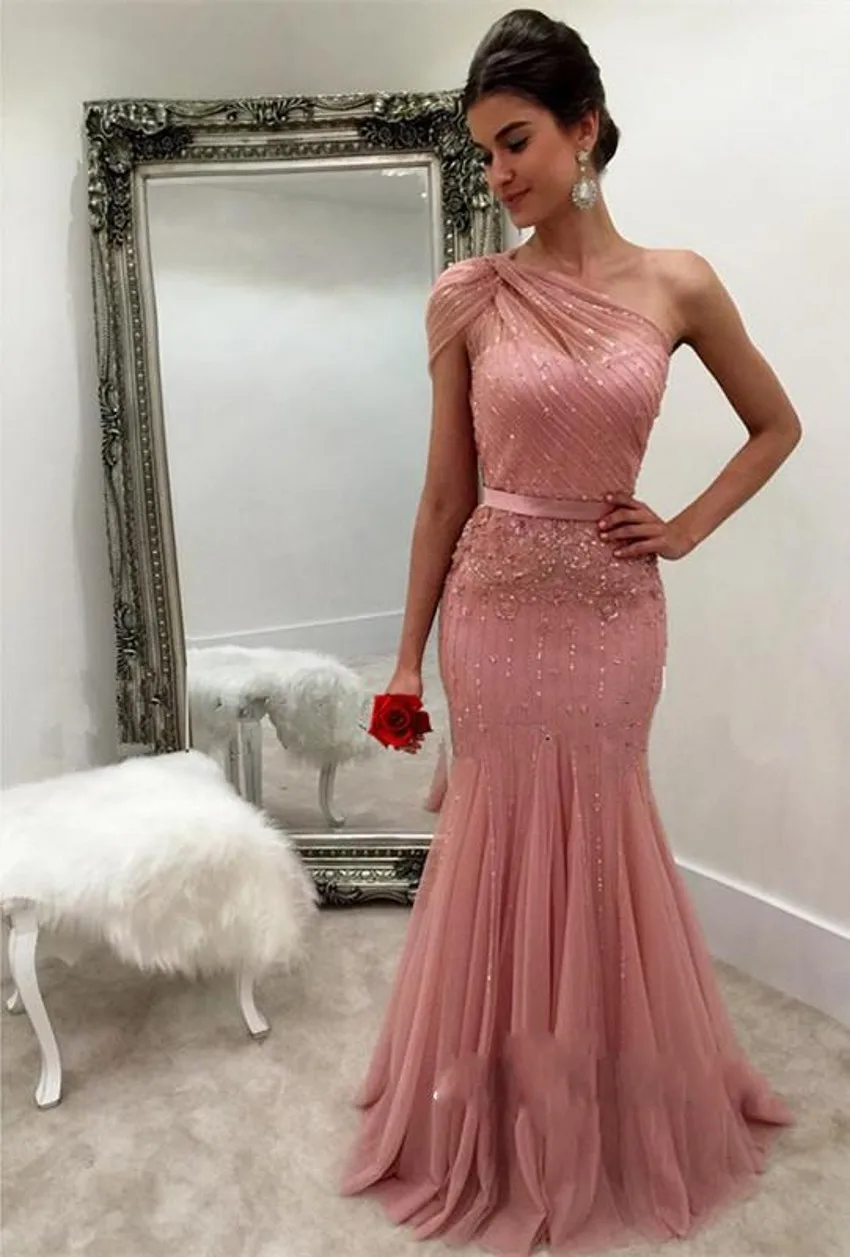 Buy Cheap 2017 One Shoulder Pink Mermaid Prom Dresses Sequin Beaded Tulle Zipper Back Formal Prom Evening Gowns vestido de fiesta