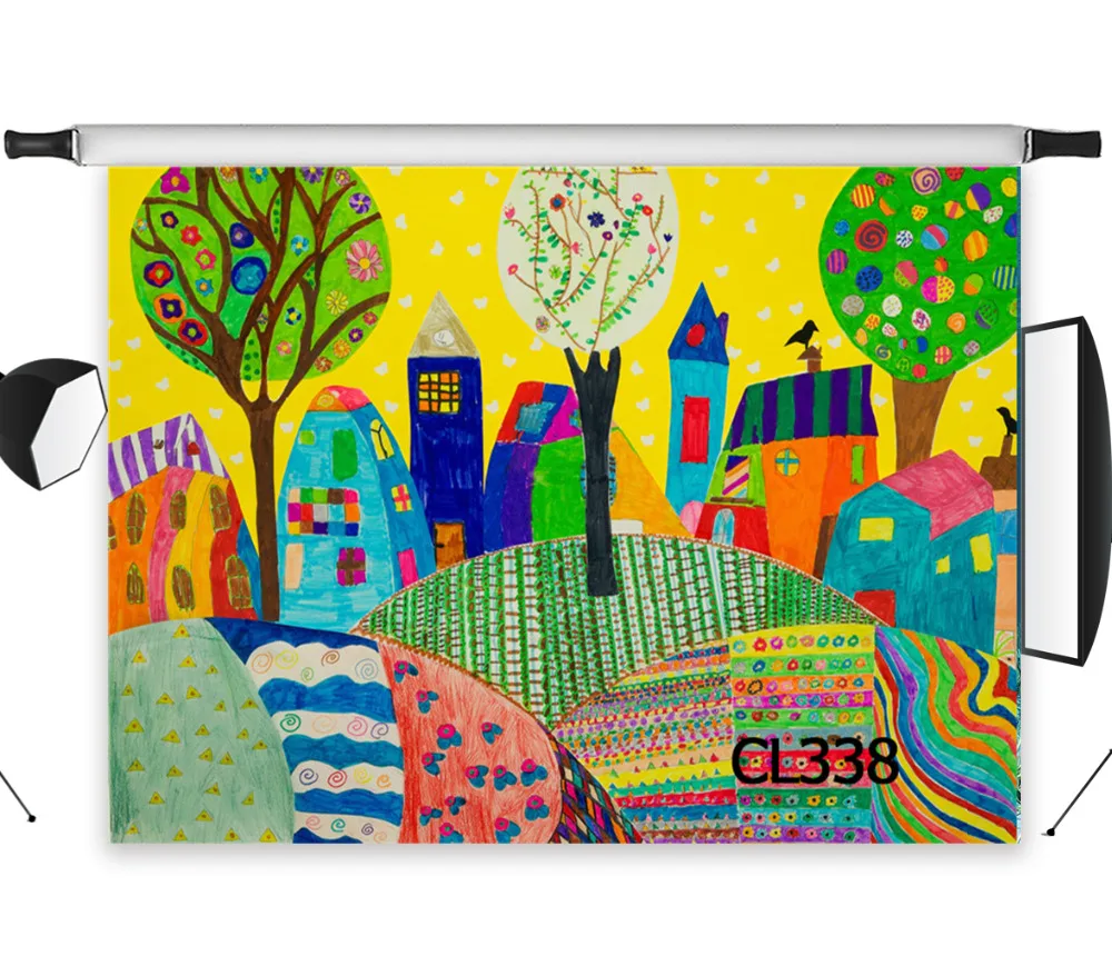 

Cartoon Trees House Child Polyester Backdrop Background Photography Studio Props Photographic Photo Seamless Washable No Crease