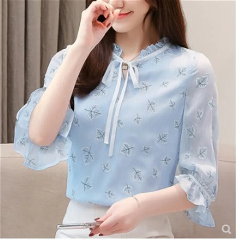 

S XXL Ladies casual bowknot shirts print floral bow tie frill summer tops for women ruffle blouse office blusas mujer blue shir