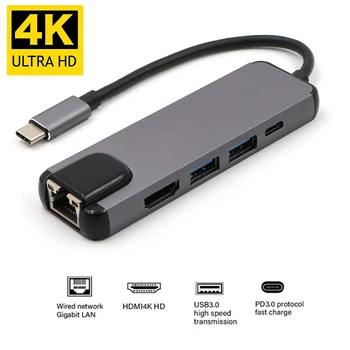 

USBC to Rj45 HDMI USB 3.0 Type C Charing Port 5 In 1 Hub Gigabit Ethernet Lan 4K for Mac book Pro Thunderbolt 3 USB-C Charger