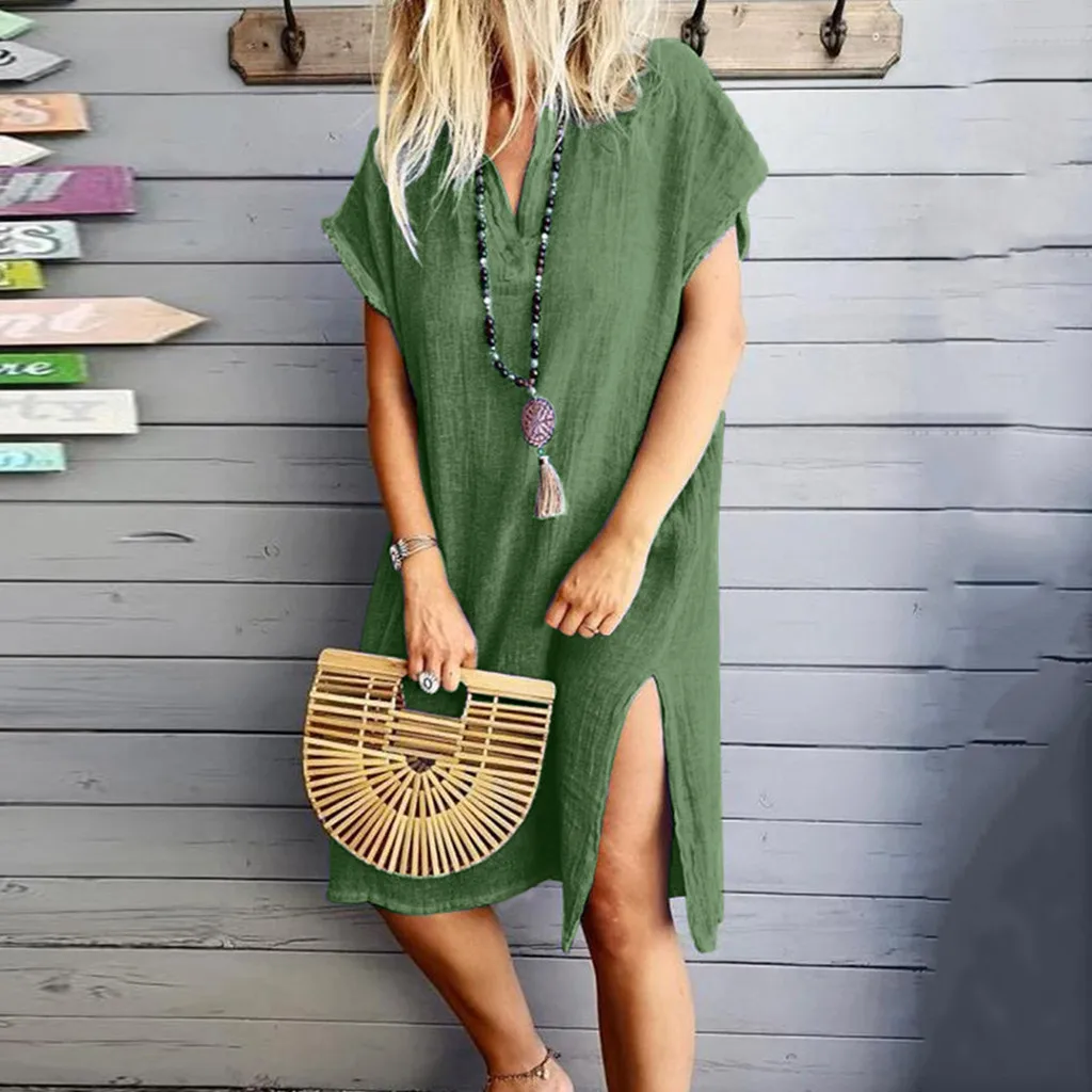 

2019 new maxi dresses for women linen Women's Casual V-Neck Short Sleeve Solid Split Hem Dresses #4