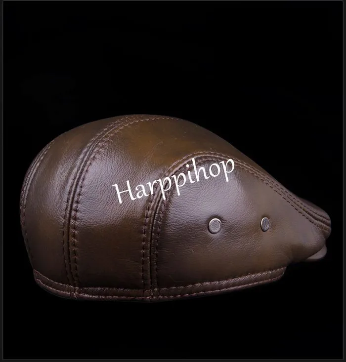 2019 New Design Men's 100% Genuine Leather  Cap brand Newsboy /Beret /Cabbie Hat/ Golf Hat winter warm hats with ears wool beret mens