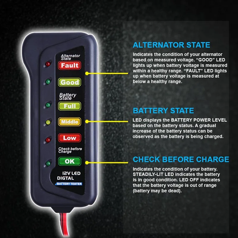 12 V автомобиль Батарея и генератора Тесты er-Тесты Батарея условие & генератор зарядки (светодиодный индикатор)