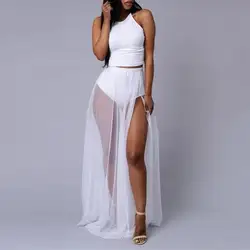2019 вечерние сексуальные женские комплекты чёрные майки шифоновая длинная юбка прозрачный расколотый на две части набор летние пляжные