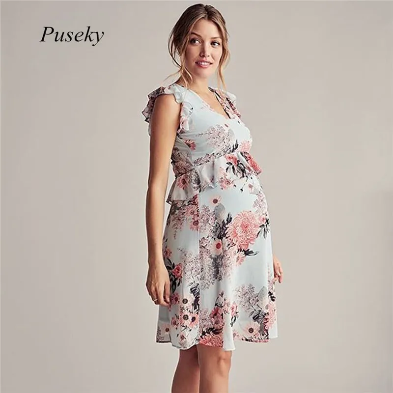 

Summer Casual Style Printing Sleeveless O-neck Ruffles Knee-Length Maternity Pregnant Dress Photography Props Light Green XL