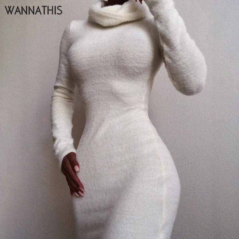 

WannaThis Long Sleeve Hight Neck velvet Plush Party Dress Slim White Casual 2019 Fashion Autumn Elastic Skinny Women MIni Dress