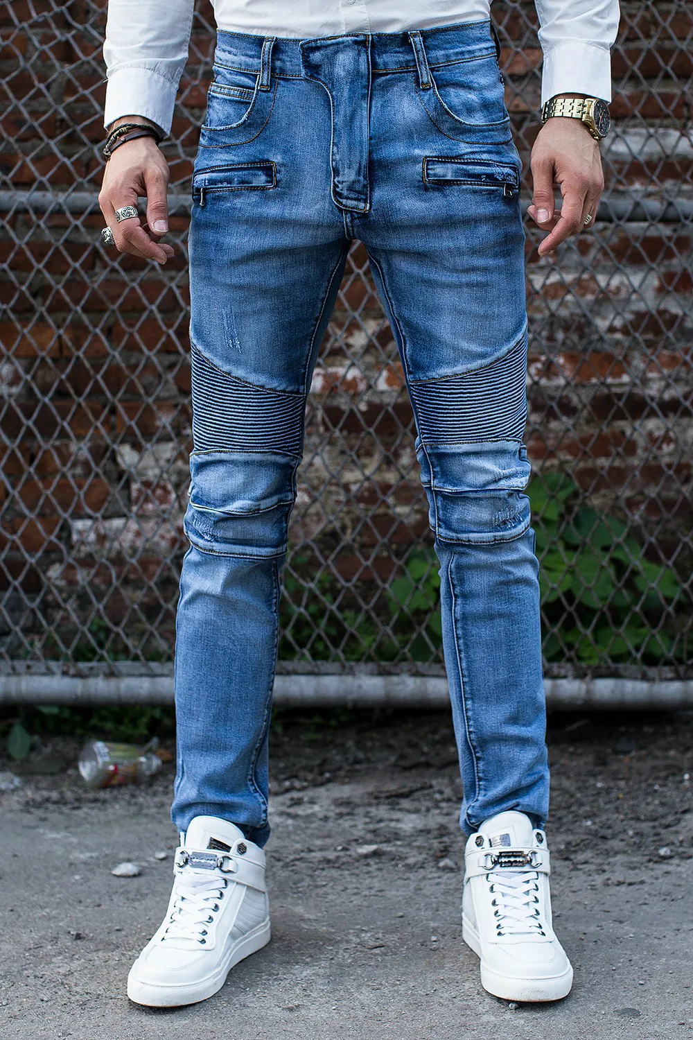 Free Shipping Men Jeans New Fashion Blue Biker Jeans Slim Fit Zipper Pocket Denim Ripped Design