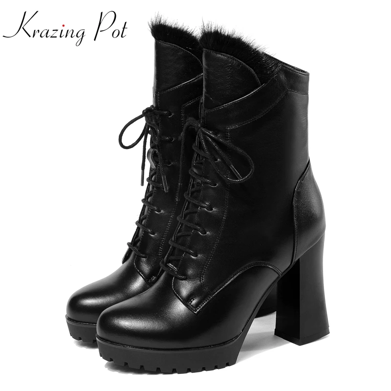 

Krazing pot genuine leather round toe mane fur superstar platform women gladiator super high heels dating sexy ankle boots L20