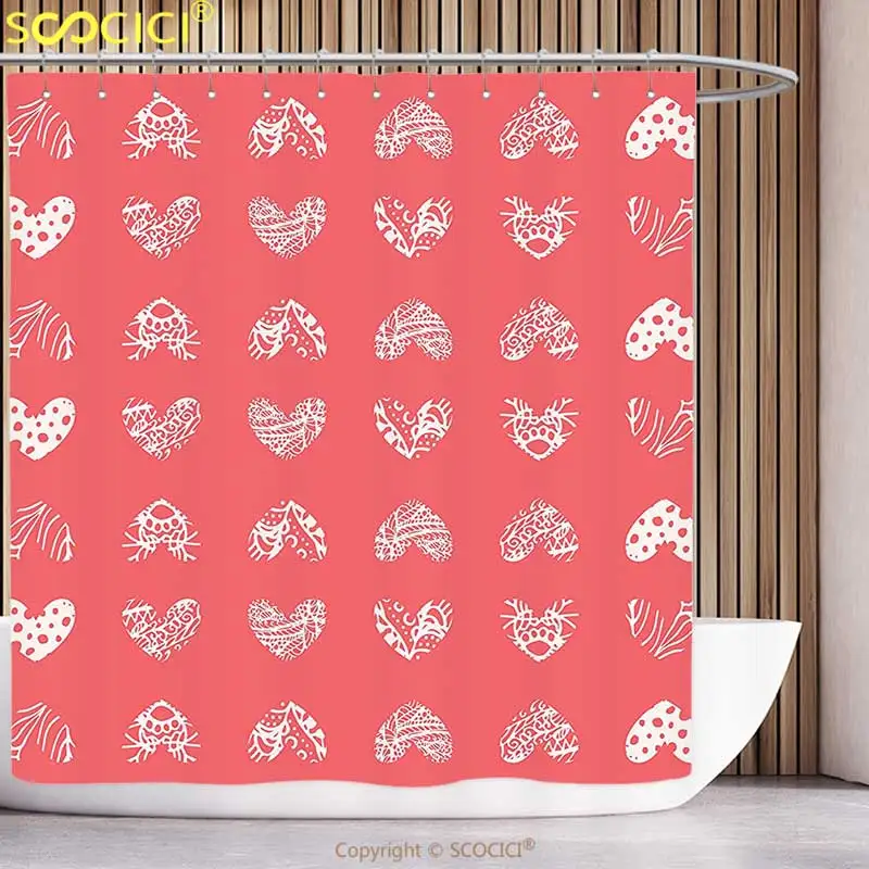 Fun Shower Curtain Coral Decor Distressed Heart Shaped Cute Motifs Living Icons Married Wedding Love Signs Red Bathroom | Дом и сад