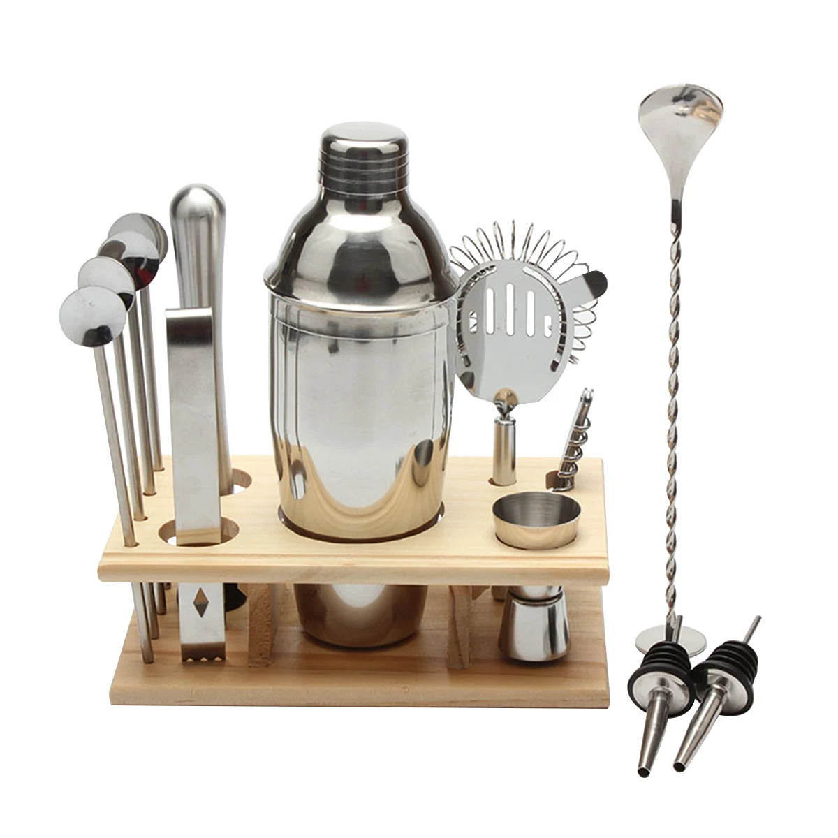 

14pcs/Set Stainless Steel Cocktail Shaker Mixer Set Bar Bartender Tool Kit With Wooden Base