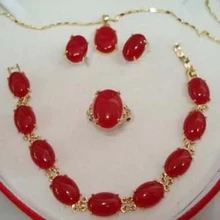 Красивый красный натуральный камень 18kgp кулон браслет серьги и кольцо(#7.8.9) комплект ювелирных изделий