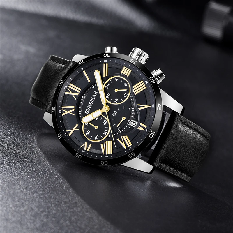 Herenhorloge BERSIGAR Мужские часы с черным кожаным ремешком спортивные хронографом