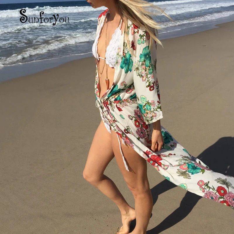 

Print Cotton Beach Dress Bathing suit Cover ups 2019 Swim Cover up Sarong Pareos de Playa Mujer Kaftan Beach Robe de Plage