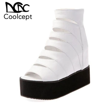 

Coolcept Platform Summer Boots Gladiator Med-calf Peep Toe Hollow Out Zipper Wholesale Wedges Causal Women Shoes Size32-43