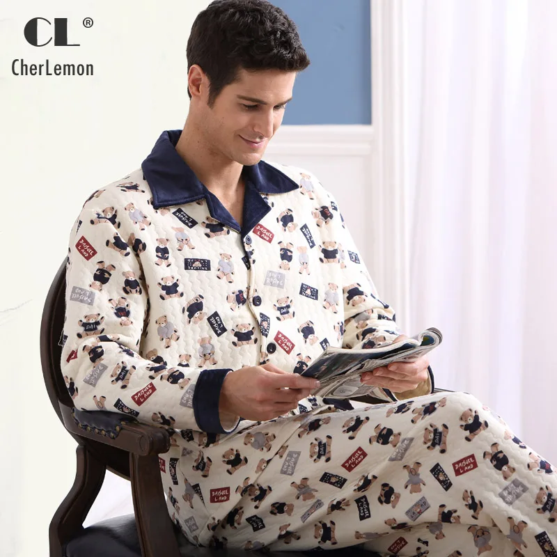 CherLemon Men's Thick Cotton Lounge Sleep Set Winter Male Button Down Notched Collar Warm Pajamas Character Printed Sleepwear CherLemon Men's Thick Cotton Lounge Sleep Set Winter Male Button Down Notched Collar Warm Pajamas Character Printed Sleepwear