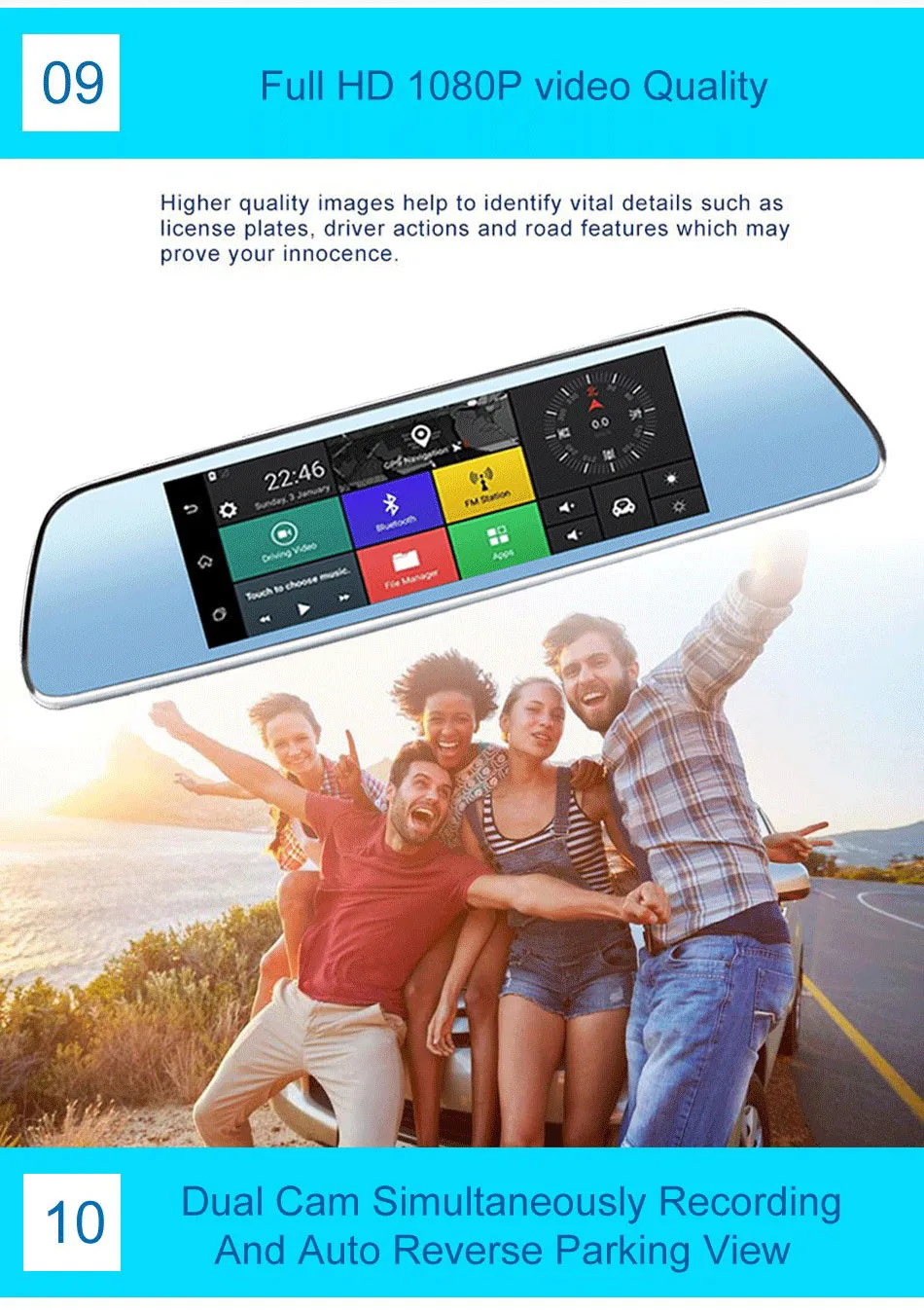 SKydot 7 Inch 3G Touch GPS DVR Dual Lens Bluetooth Rearview Mirror Android 5.0 Car DVRs  FHD 1080P Video Recorder Dash Cam-12