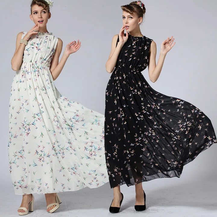 2015 Summer Style Black White Pleated Maxi Robe O-neck Tank Loose Print Floral Women Beach Chiffon Vestidos Long Bohemian Dress | Женская