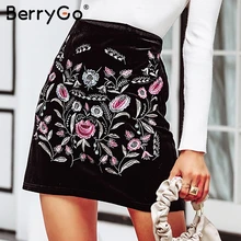 BerryGo винтажная Вельветовая с завышенной талией Мини юбка вышивка женская сексуальная юбка карандаш осень зима женские юбки футляр