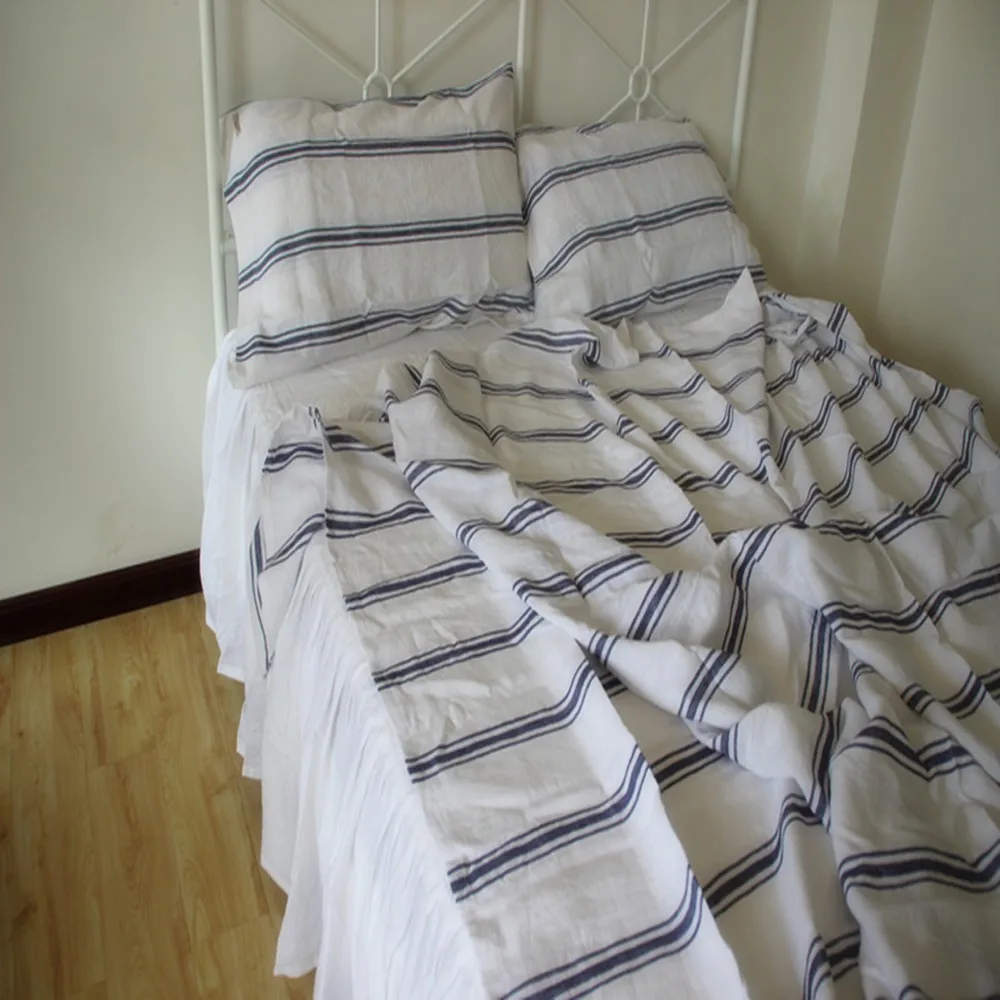 3pcs French Washed Linen Bedding Set King Striped Flax Pure Linen Sheets Set Pillowcases Shams Bed sheets Bedsheet Christmas