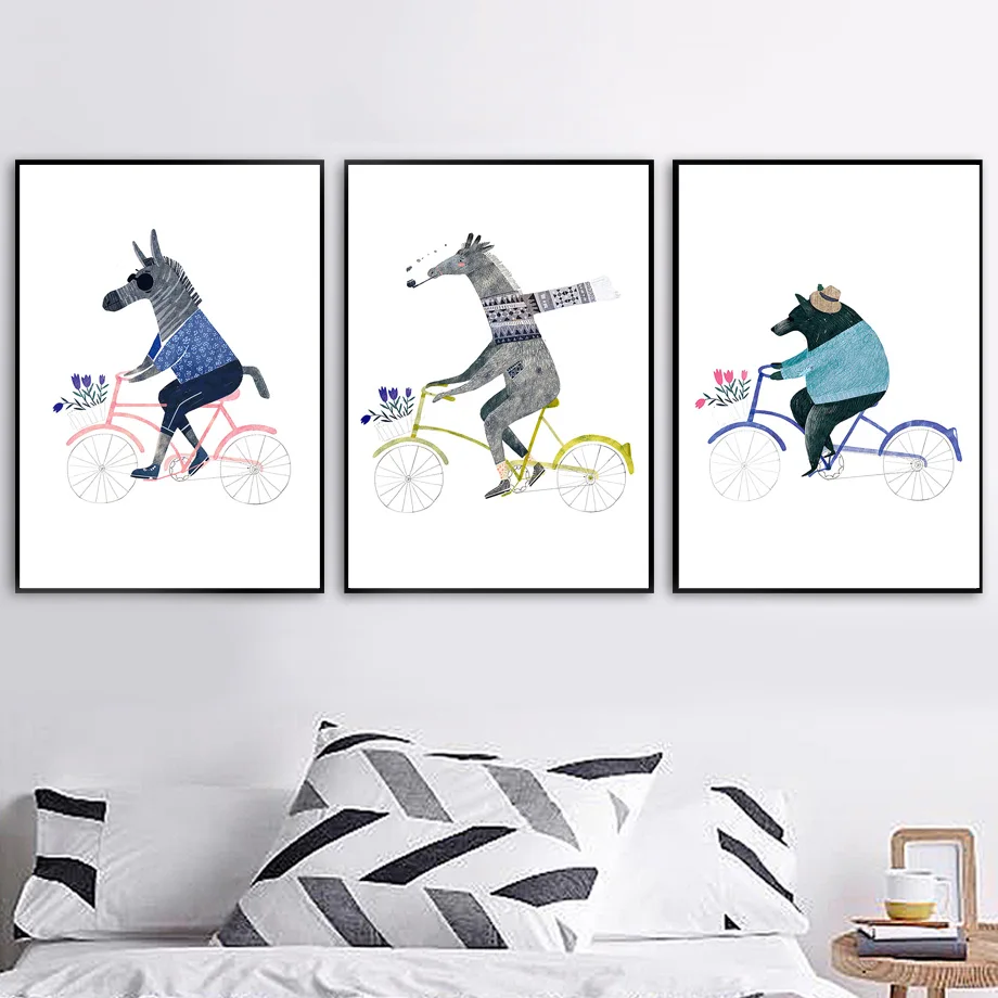 Wall Art Canvas Painting Bike Giraffe Zebra Bear Animals Art Prints Nordic Posters And Prints Wall Pictures Baby Kids Room Decor