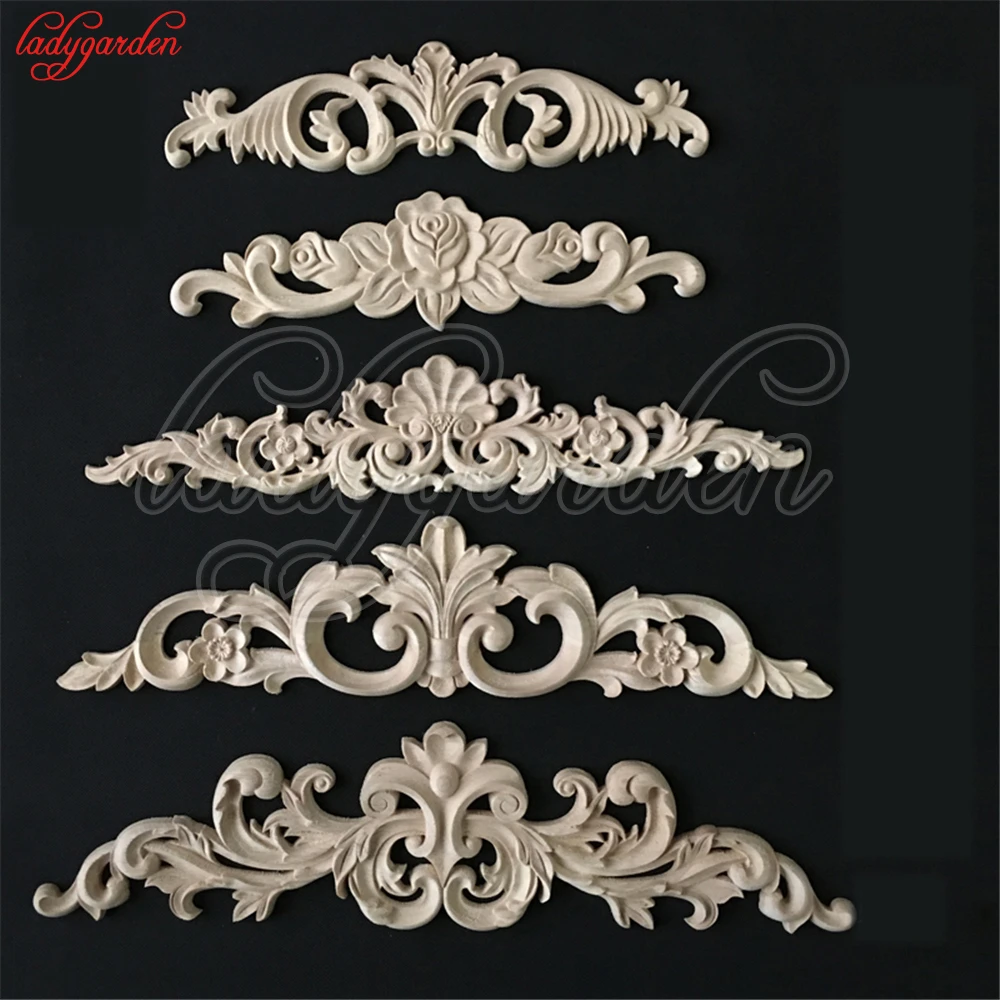 Natural Vintage Long Wood Carving Door Cabinets Wooden Applique Onlay Gift Natural Vintage Long Wood Carving Door Cabinets Wooden Applique Onlay Gift