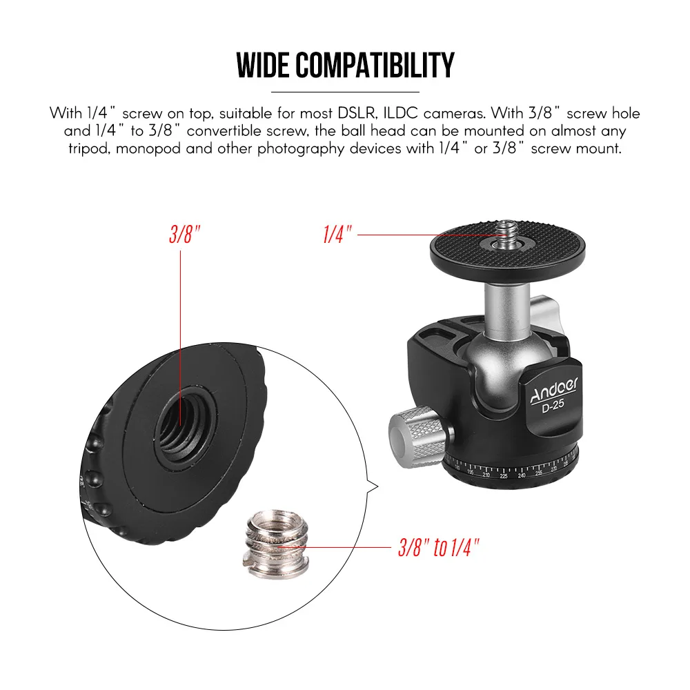 Andoer D-25 с ЧПУ Al сплав двойной Нотч шаровая Головка мини шаровая Головка для штатива монопод для Canon Nikon sony DSLR ILDC камера