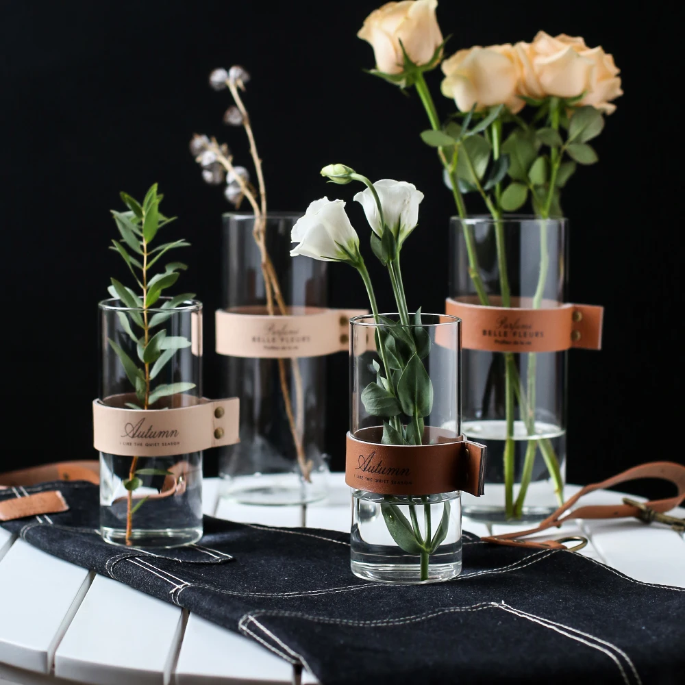 Скандинавские креативные стеклянные цветочные вазы, настольные гидропоники, вазы с кожаной ручкой, кружка для воды, домашний декор Bonsa, аксессуары