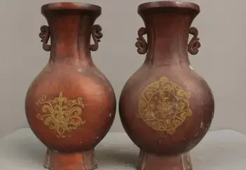 

14'' China Old Bronze Pair Of Vase Jar Painted Flowers And Circle Pattern