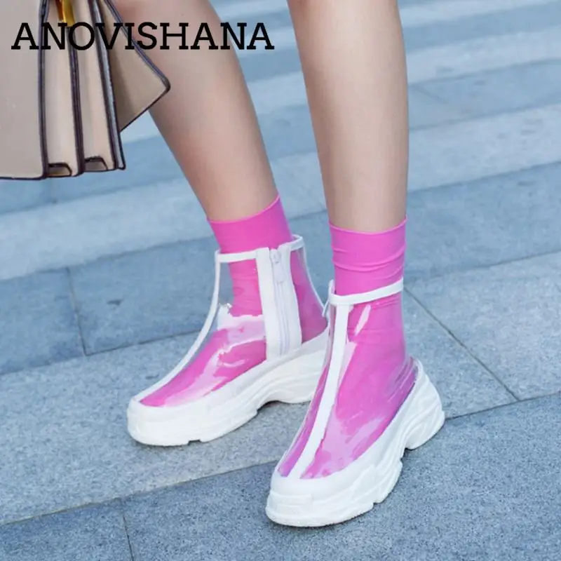 

ANOVISHANA Fashion transparent PVC clear platform shoes women sneakers hiking boots slip on plus size 43 44 Footwear