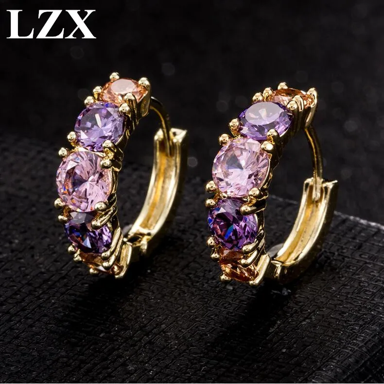 Серьги-кольца LZX с фиолетовыми кристаллами для женщин и девочек брендовые