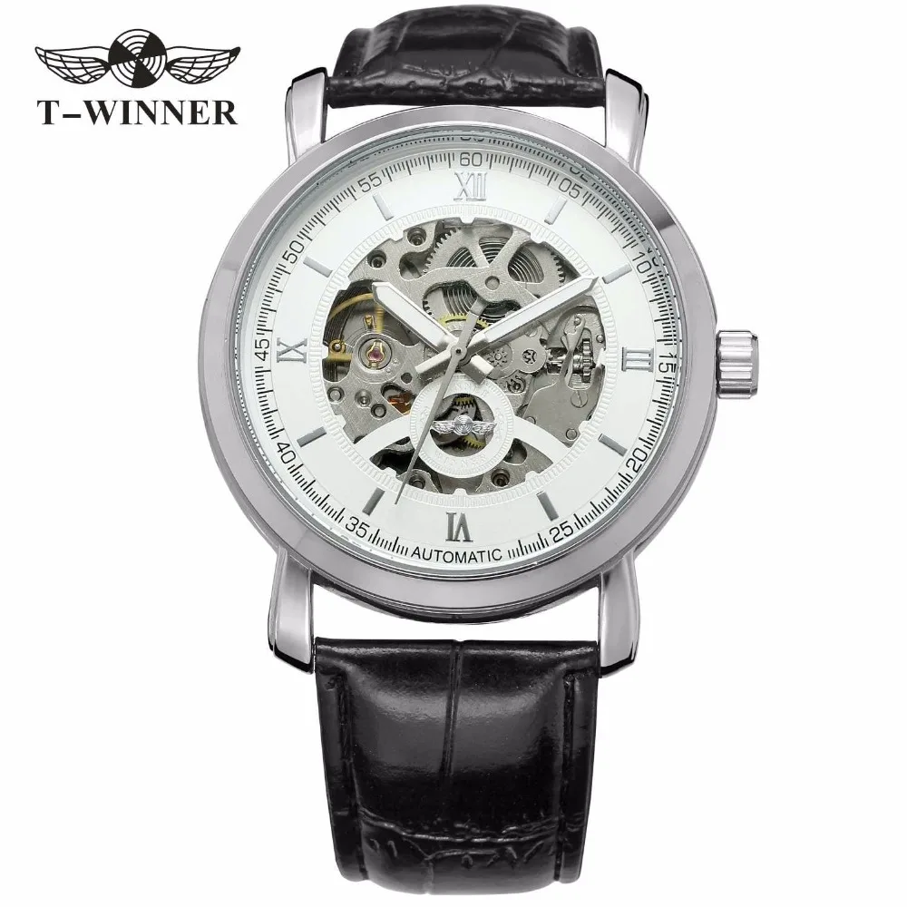 

WINNER Concise Men Auto Mechanical Watch Leather Strap Skeleton Dial Roman Number Luminous Hands Top Brand Design Wristwatch