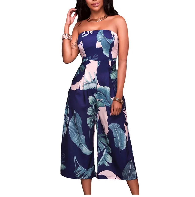 Dark-Blue-Leaf-Print-Strapless-Capris-Jumpsuit-LC64277-5-1