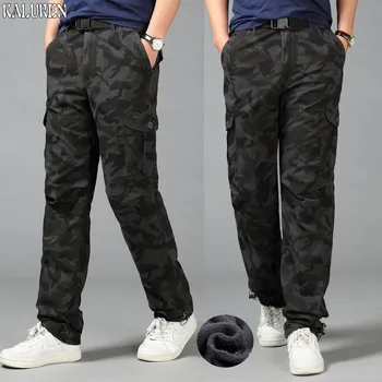 

Free shipping winter loose fleece men cargo pants plus size M-5XL trousers male elastic waist fat straight long trousers